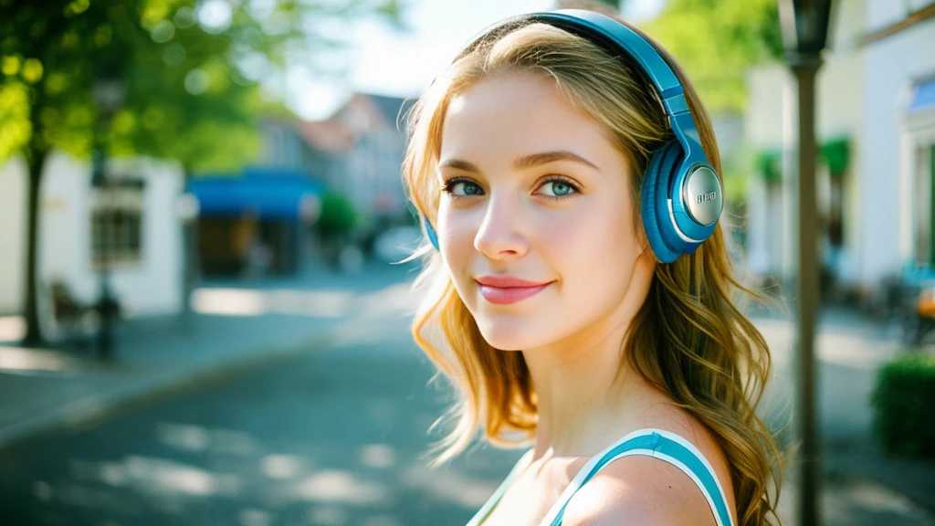 Beautiful blonde with big breasts in a blue dress (Beautiful morning sun in a German town),Wearing headphones,Very detailed, 21 years old, Innocent face, Naturally Wavy Hair, blue eyes, High resolution, masterpiece, Highest quality, Intricate details, Very detailed, Clear focus, Delicate skin, practical skin texture, texture, Delicate eyes, Professional, 4K, Cute Smile, Shot with Canon, 85mm, Shallow and deep, Kodak Vision Color, Exactly, Very detailed, photograph_\(Extremist\), photographpractical, practical, Post-processing, Maximum details, Roughness, Real Life, Extremist practical, Photorealism, photographgraphy, 8K Ultra HD, photographgraphy