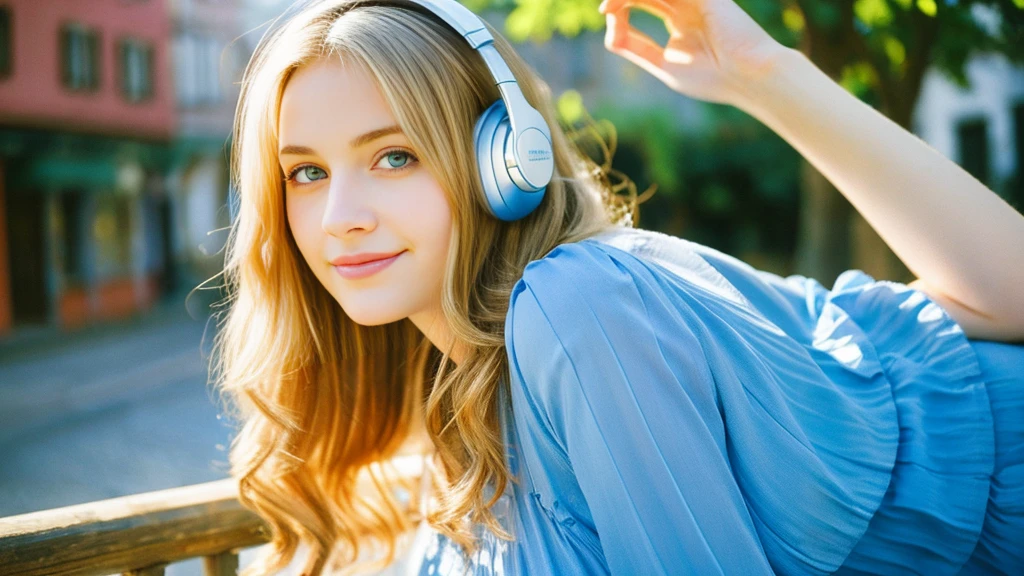 Beautiful blonde with big breasts in a blue dress (Beautiful morning sun in a German town),Wearing headphones,Very detailed, 21 years old, Innocent face, Naturally Wavy Hair, blue eyes, High resolution, masterpiece, Highest quality, Intricate details, Very detailed, Clear focus, Delicate skin, practical skin texture, texture, Delicate eyes, Professional, 4K, Cute Smile, Shot with Canon, 85mm, Shallow and deep, Kodak Vision Color, Exactly, Very detailed, photograph_\(Extremist\), photographpractical, practical, Post-processing, Maximum details, Roughness, Real Life, Extremist practical, Photorealism, photographgraphy, 8K Ultra HD, photographgraphy