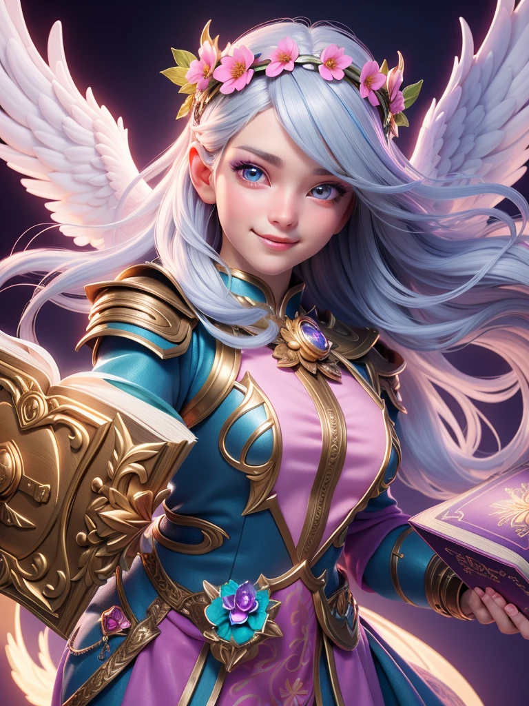 "Realistic young female angel, around 20 years old, with a large, detailed face, wearing cute clothing, with silver hair and colorful highlights, holding a magic book, with a flower crown on her head, in a fantasy background. Focus on the face with expressive eyes and a friendly smile."