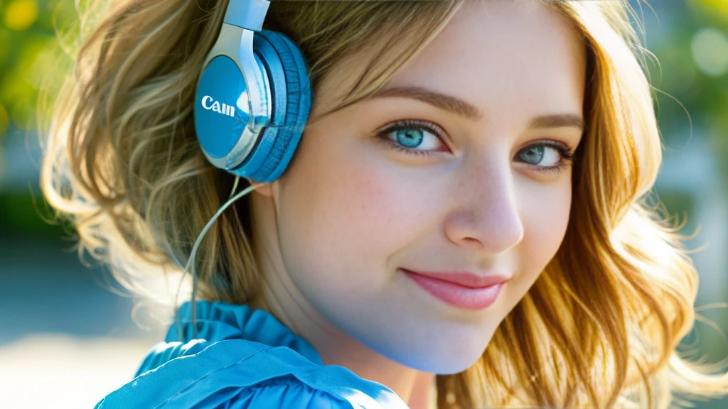 Beautiful blonde with big breasts in a blue dress (Beautiful morning sun in a German town),Wearing headphones,Very detailed, 21 years old, Innocent face, Naturally Wavy Hair, blue eyes, High resolution, masterpiece, Highest quality, Intricate details, Very detailed, Clear focus, Delicate skin, practical skin texture, texture, Delicate eyes, Professional, 4K, Cute Smile, Shot with Canon, 85mm, Shallow and deep,  Kodak Vision Color, Exactly, Very detailed, photograph_\(Extremist\), photographpractical, practical, Post-processing, Maximum details, Roughness, Real Life, Extremist practical, Photorealism, photographgraphy, 8K Ultra HD, photographgraphy