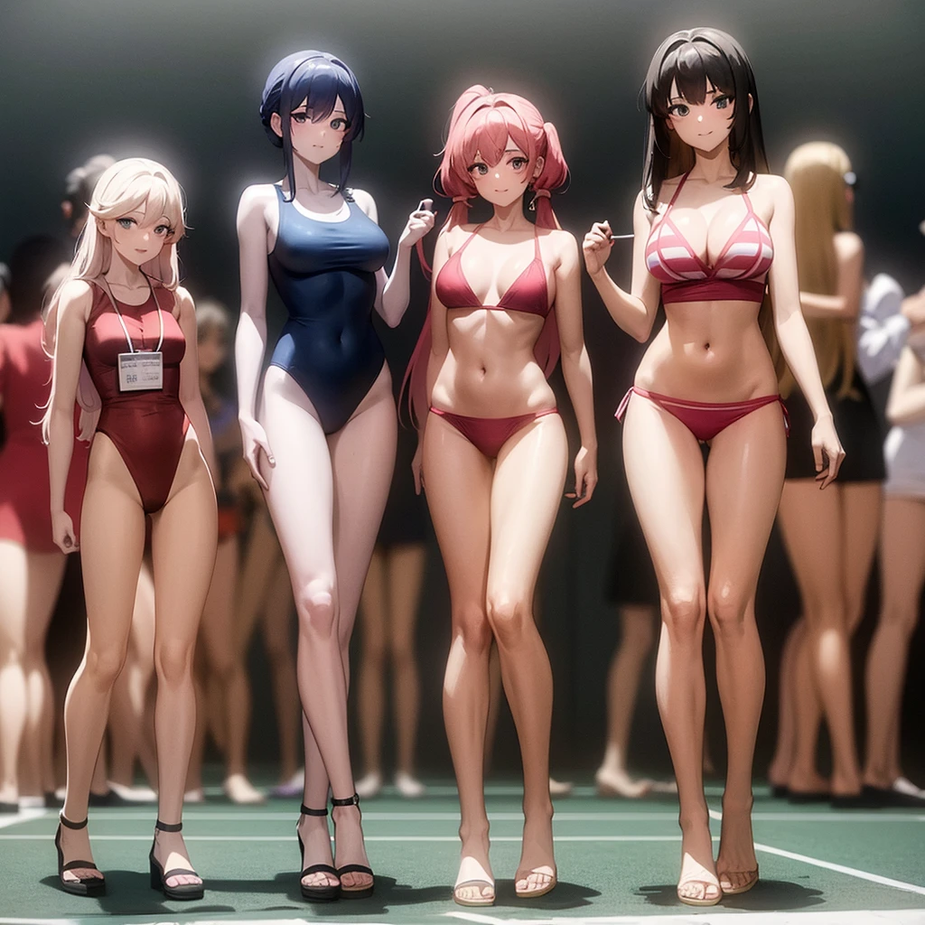 Masterpiece 3 beauties in swimsuits, medium , various hairstyles and hair colors, full body photos standing in the crowd smiling