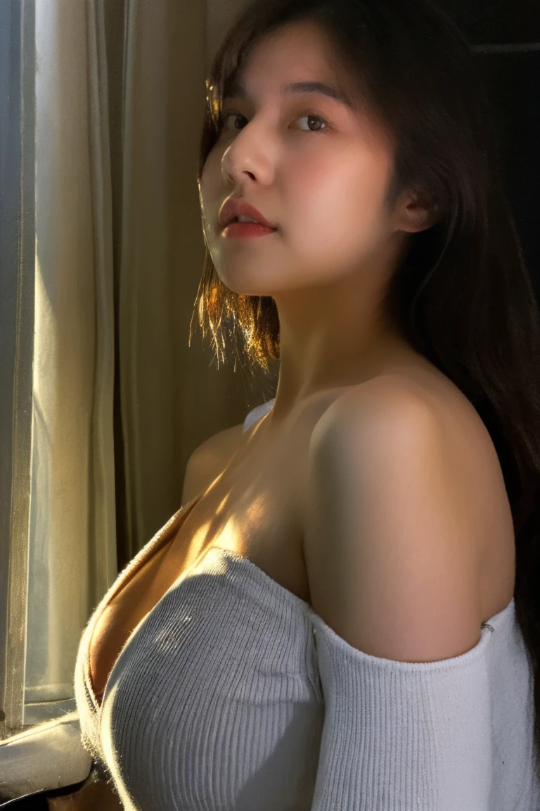 Best quality, masterpiece, ultra high res, (photorealistic:1.5), raw photo, 1girl, beauty Asian girl, offshoulder, in the dark, deep shadow, low key, cold light, sexy look, long hair, natural breasts, huge breasts