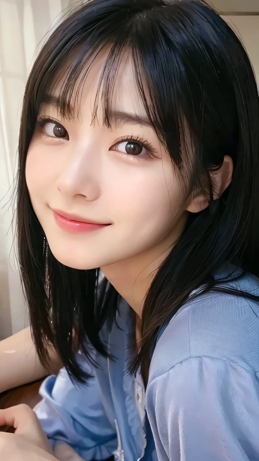 (Highest quality,masterpiece:1.3,Ultra-high resolution),(Very detailed,Caustics,16K),(Realistic:1.4,RAW shooting),Ultra-Realistic Capture,Human skin close-up,Natural skin texture,The pores are detailed enough to be easily identified,Healthy Skin and Even Tone,Use natural light and color,18-year-old,Japanese,cute,Long black hair,I'm looking at the camera with a smile on my face,Big Breasts,Waist up shot,(Face Focus:1.2),(Face close-up:1.2),(Low position:1.3),(Low Angle:1.3),(Night bets),Lens flare,On the bed、In pajamas、Wearing pajamas