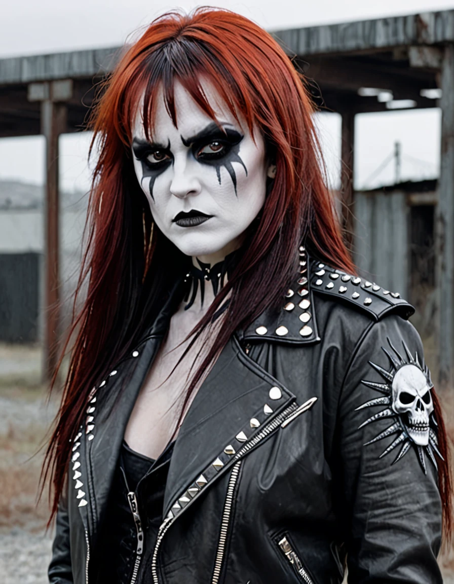 a female character, long hair with blunt bangs, vermillion hair. The background is greyish white. The character's face is confident, with pale skin and corpse paint. She wears a dark-colored leather jacket with studs.