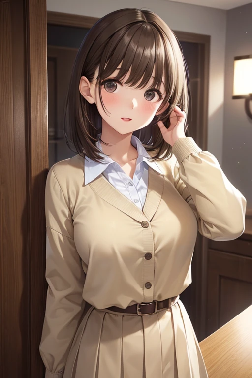 (Highest quality、In 8K、32K、masterpiece、Hmph、Very detailed:1.2)、Cowboy Shot,(pinching the skirt with your hands)、

anegasaki nene、Shiny brown hair, short hair, Beautiful brown eyes、smile、Sparkling eyes, (Fine grain)、Ultra-detailed eyes、Very detailed顔, Very detailed目,


Put your hand on your chin, masterpiece、Highest quality、25-year-old woman.、wearing a beige suit、Wearing a beige skirt、I can see your thighs、shy, Open your mouth, Are standing、The background is the office、Bold composition、The upper body is shown、alone、Face close-up