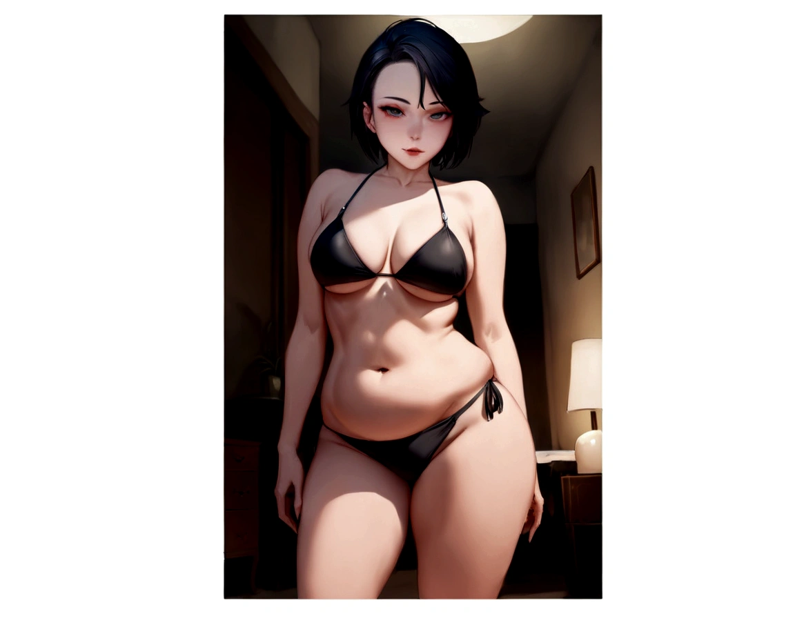 (1girl:1.2) , short hair, black hair, (bikini :1.3) , facing the camera, looking at the camera, thick thighs, standing, whole body, dentro do quarto, melhor qualidade , (highres:1.3), cabelo realista, curvy, flacid belly , (Moonkase:1.2) , (pose sensual:1.3), (pale:1.3)