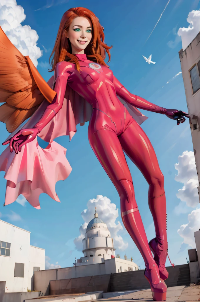 evedef, green eyes, orange hair, flowing cape, pink bodysuit, gloves, shorts, boots, looking at viewer, smiling, flying, in the air, blue sky, clouds, extreme detail, masterpiece,