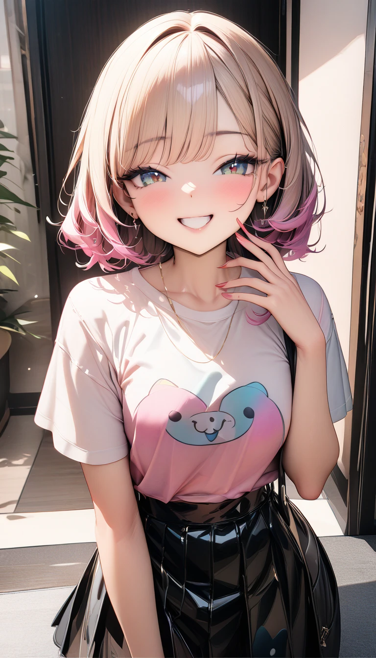 ((最high quality, 8k, masterpiece)), High resolution、(high quality: 1.5)、Very detailed、Detailed face、Bright colors、Natural light、Fine grain、Colorful eyes、Beautiful Face、非常にDetailed faceのテクスチャの女性,masterpiece, 最high quality, Detailed and beautiful eyes,最high quality、Best image quality、masterpiece,girl,smile,grin,(Brat),Cute clothes,skirt,Just beautiful,masterpiece,(laugh at),最high quality、so beautiful,High resolution,1girl, solo,(masterpiece:1.2)、(最high quality:1.2)、Latest Glossy Skin
