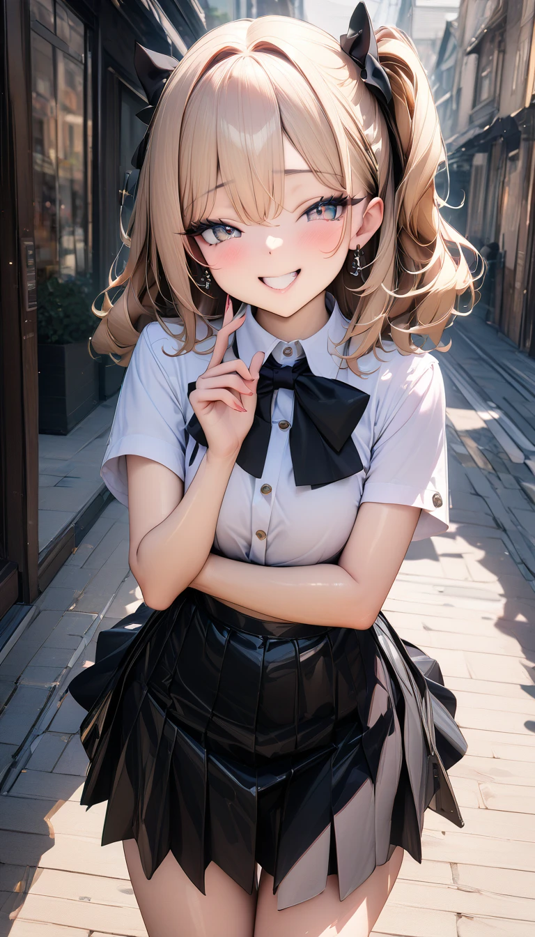 ((最high quality, 8k, masterpiece)), High resolution、（high quality: 1.5）、Very detailed、Detailed face、Bright colors、Natural light、Fine grain、Colorful eyes、Beautiful Face、非常にDetailed faceのテクスチャの女性,masterpiece, 最high quality, Detailed and beautiful eyes,最high quality、Best image quality、masterpiece,girl,smile,grin,(Brat),Cute clothes,skirt,Just beautiful,masterpiece,(laugh at),最high quality、so beautiful,High resolution,1girl, solo,(masterpiece:1.2)、(最high quality:1.2)、Latest Glossy Skin