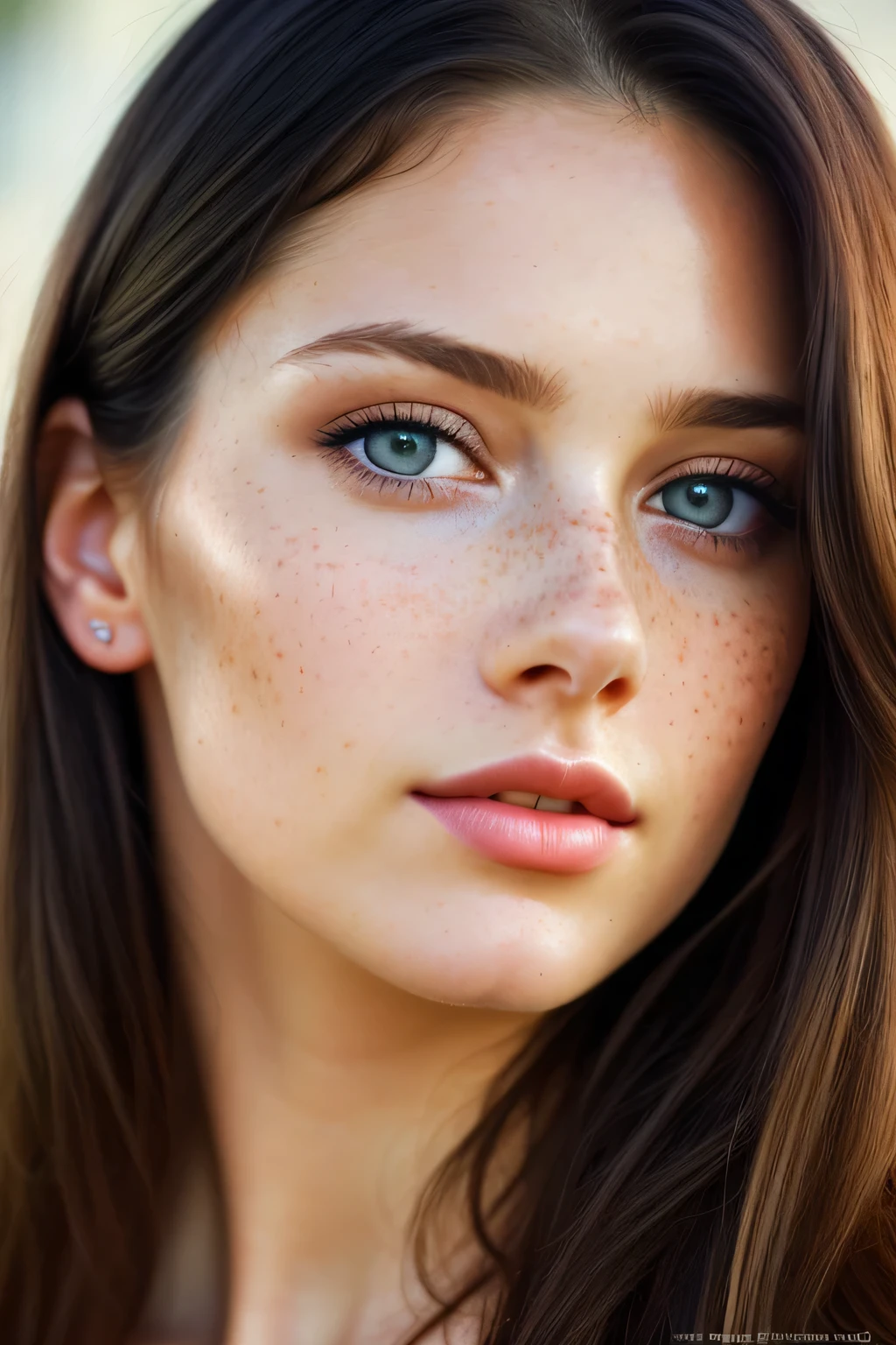 color photograph, close-up, ((a realistic photo of a beautiful girl)), (milalc), light, ((glowy skin)), looking_at_viewer, (fit body:1.0), ((large breasts)), long hair, detailed illustration, masterpiece, high quality, realistic, very detailed face, freckles, black hair, blue eyes, black shirt