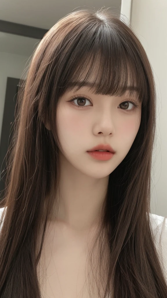 Close-up of a woman with long hair and a cigarette, Ela tem cabelo preto With bangs, Ulzzang, With bangs completa, Larisa Manovar, With bangs, Korean, cabelo arrumado With bangs, Young and pretty Asian face, cabelo comprido With bangs completa, cabelos longos With bangs, Young and adorable Korean face, Pale, round face, young asian girl