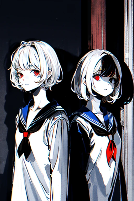 black and orange,One Girl,(short hair),Highly detailed eyes,Highly detailed face,Very fine hair,8k,masterpiece,Highest quality,(Left and right split theme:0.7),Without gaps,Heterochromia iridis,2 tone hair:1.2,(Chiaroscuro:1.2),(On the left are black hair and red eyes,On the right are white hair and blue eyes:1.2),(Sailor suit:1.2),The face is clean,Eyes shining in the shadows,(vulcan style:1.2),Complete Anatomy