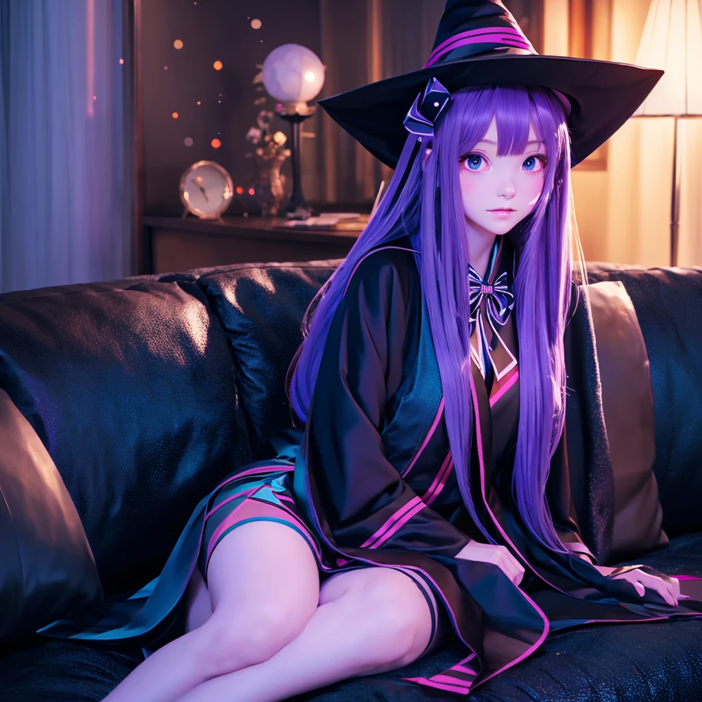 anime girl long purple hair wearing a black Robe. she has pointy ears. Witch Hat. Manga kawaii. iridescent ,An illustration, Sit on the sofa, (no background)
