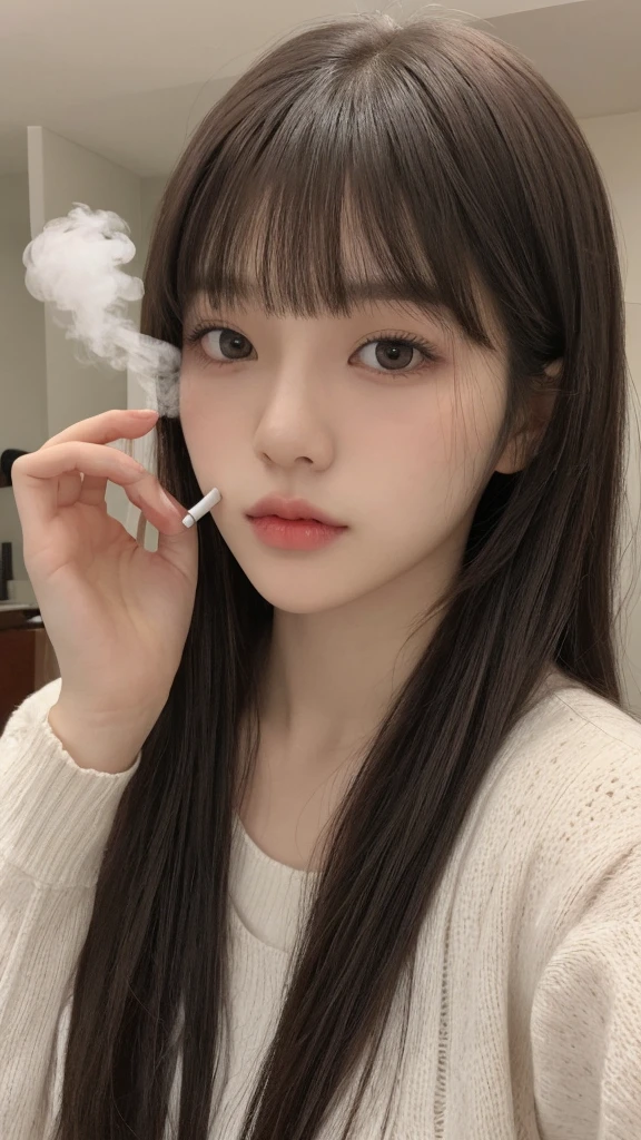 Close-up of a woman with long hair and a cigarette, Ela tem cabelo preto With bangs, Ulzzang, With bangs completa, Larisa Manovar, With bangs, Korean, cabelo arrumado With bangs, Young and pretty Asian face, cabelo comprido With bangs completa, cabelos longos With bangs, Young and adorable Korean face, Pale, round face, young asian girl