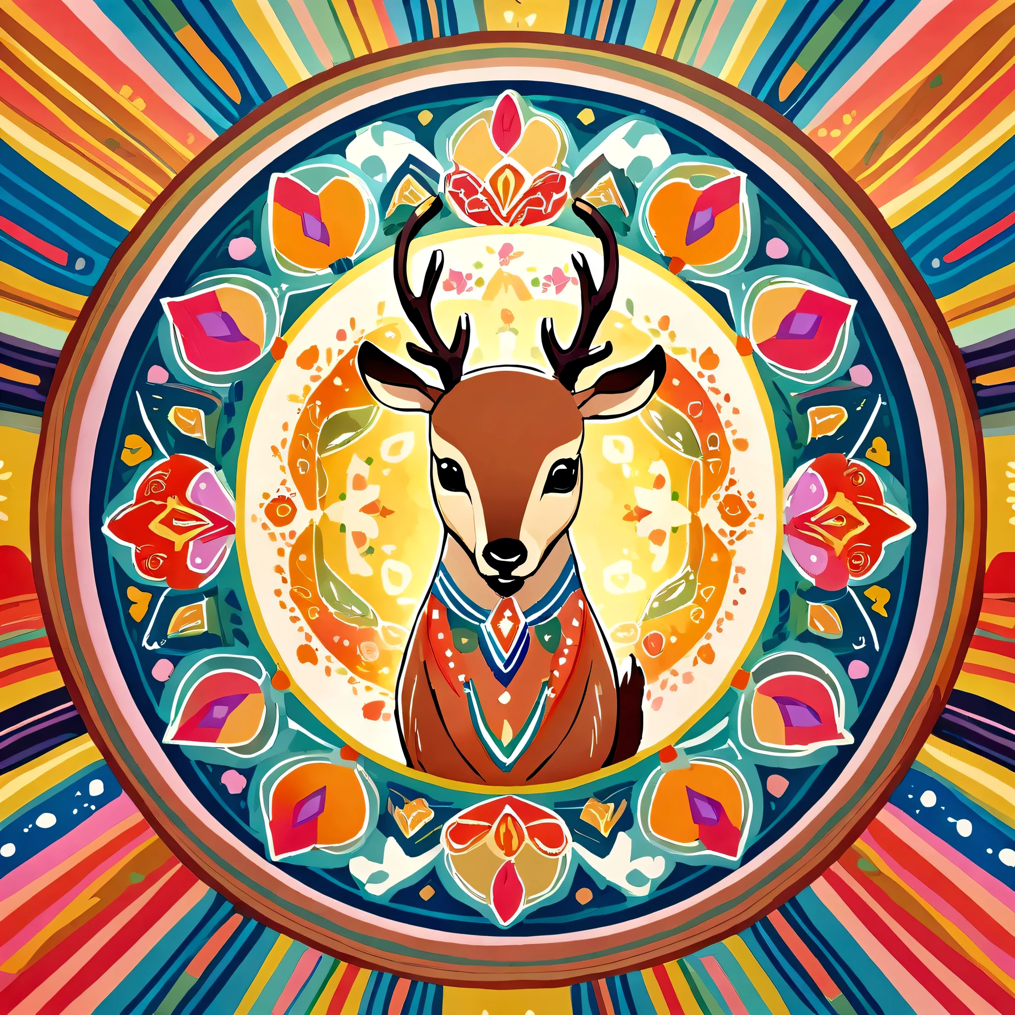 A colorful painting of a mandala with a simple and cute deer motif