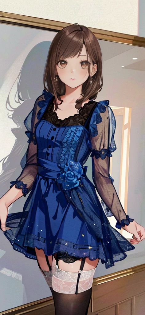 ((masterpiece)), ((best quality)), ((ultra detailed)), ((kawaii)), cute, (lovely), ((extremely detailed)), ((8K)), (beautiful), full body, luxury room, a cute girl, 1girl, solo, blue mini camisole dress,beautiful light brown hair, ((detailed beautiful brown eyes)), white-skinned, flat breast, tiny breast, garter belt,(garter stockings:1.4),pink eyeshadow