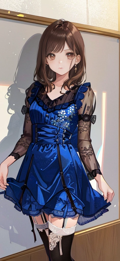 ((masterpiece)), ((best quality)), ((ultra detailed)), ((kawaii)), cute, (lovely), ((extremely detailed)), ((8K)), (beautiful), full body, luxury room, a cute girl, 1girl, solo, blue mini camisole dress,beautiful light brown hair, ((detailed beautiful brown eyes)), white-skinned, flat breast, tiny breast, garter belt,(garter stockings:1.4),pink eyeshadow
