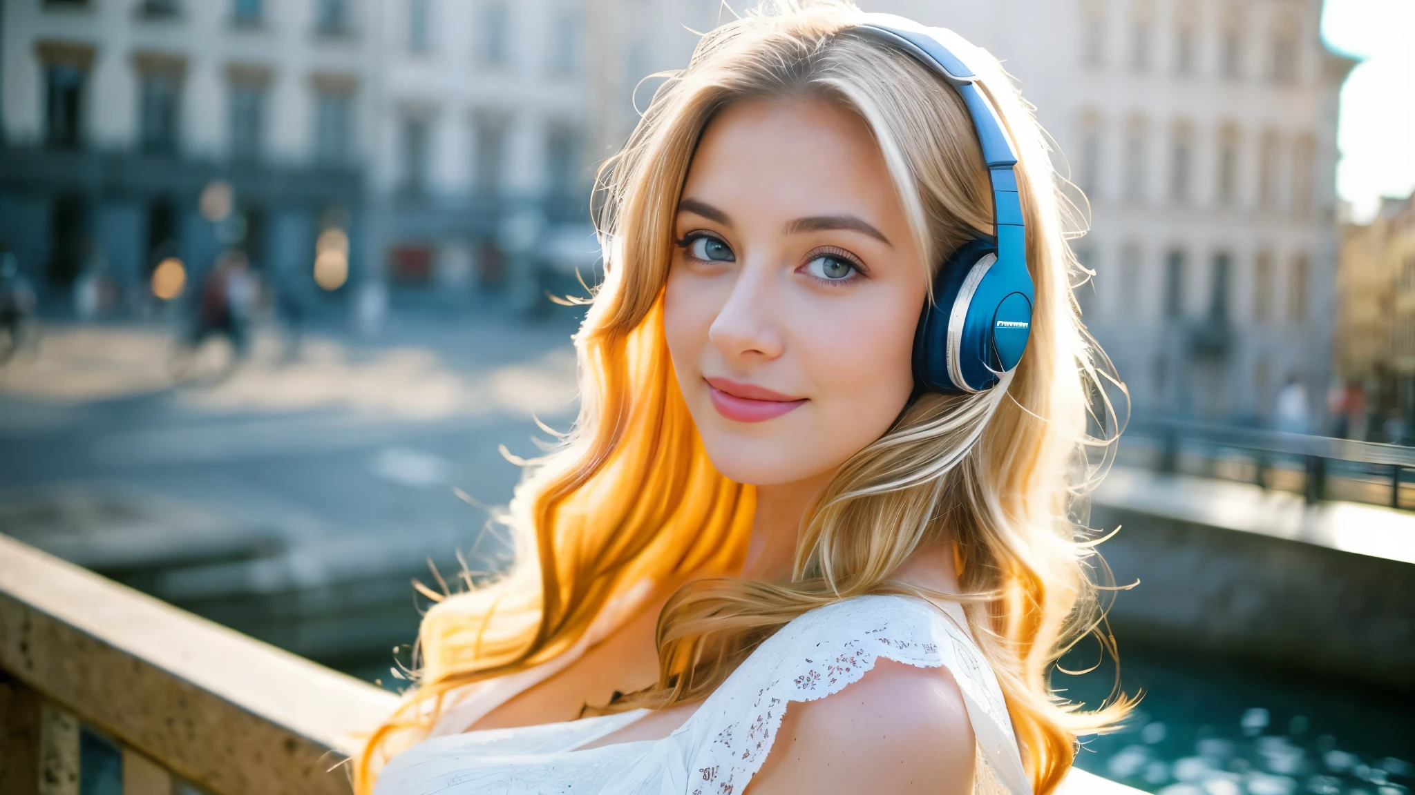 Beautiful blonde with big breasts in a white dress (Beautiful European city in the morning sun),Wearing headphones,Very detailed, 21 years old, Innocent face, Naturally Wavy Hair, blue eyes, High resolution, masterpiece, Highest quality, Intricate details, Very detailed, Clear focus, Delicate skin, practical skin texture, texture, Delicate eyes, Professional, 4K, Cute Smile, Shot with Canon, 85mm, Shallow and deep, Kodak Vision Color, Exactly, Very detailed, photograph_\(Extremist\), photographpractical, practical, Post-processing, Maximum details, Roughness, Real Life, Extremist practical, Photorealism, photographgraphy, 8K Ultra HD, photographgraphy