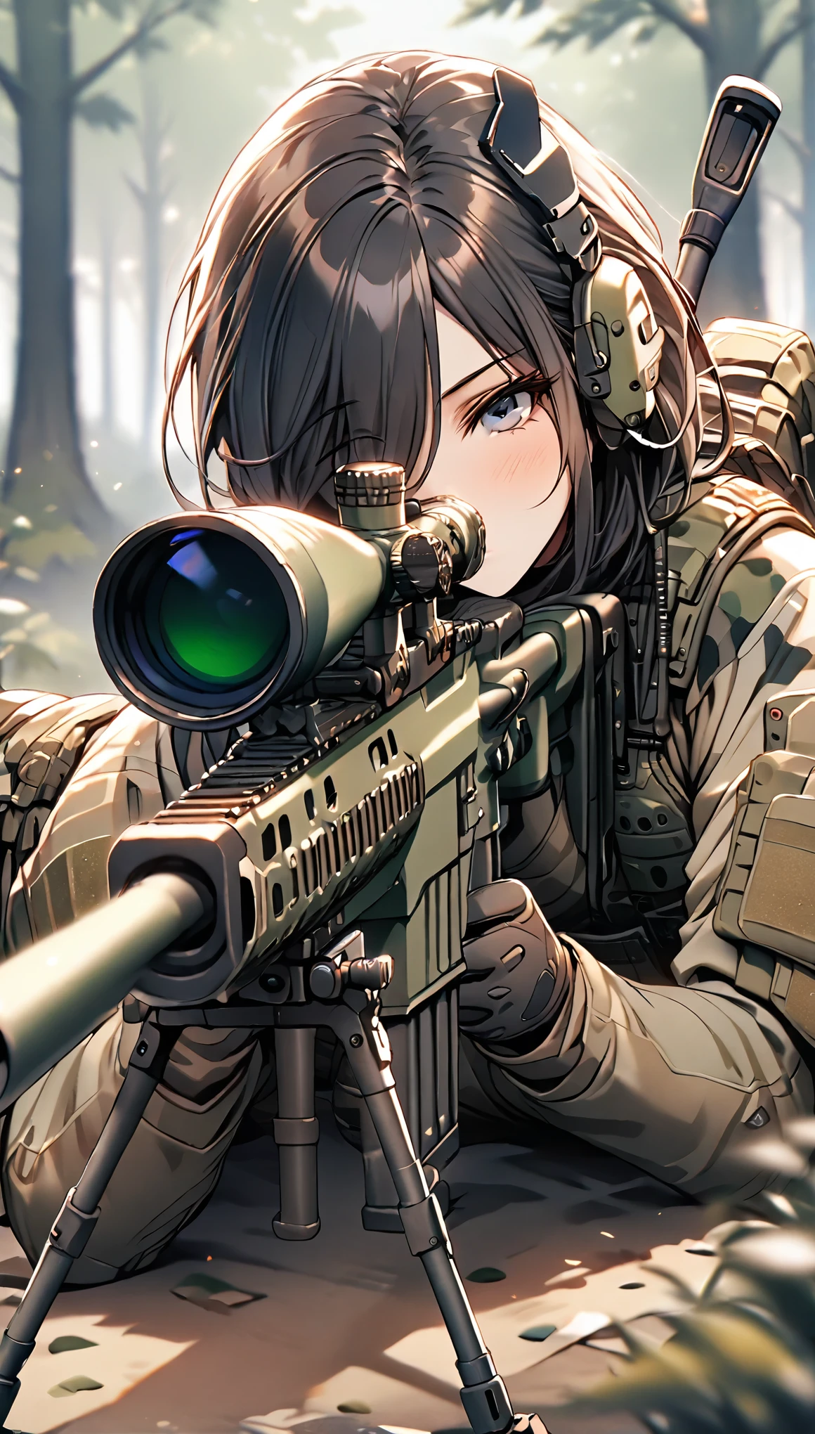 (masterpiece),(Highest quality),(High resolution),(Very detailed),One Woman,Japanese,Black Hair,Short Bob,Beautiful Eyes,Long eyelashes,Beautiful Hair,Beautiful Skin,whole body,BREAK(((aim at something with a sniper rifle))),((Close one eye and look through the scope))(Lying down),((Sniper Rifle)),Army Camouflage Uniform,Bulletproof vest, Combat Boots, Tactical Forster,Tactical Headset,(The background is a dense forest),(((Background Blur)))