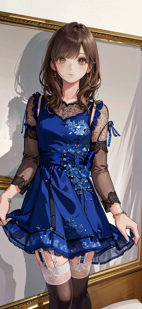 ((masterpiece)), ((best quality)), ((ultra detailed)), ((kawaii)), cute, (lovely), ((extremely detailed)), ((8K)), (beautiful), full body, luxury room, a cute girl, 1girl, solo, blue mini camisole dress,beautiful light brown hair, ((detailed beautiful brown eyes)), white-skinned, flat breast, tiny breast, garter belt,(garter stockings:1.4),pink eyeshadow