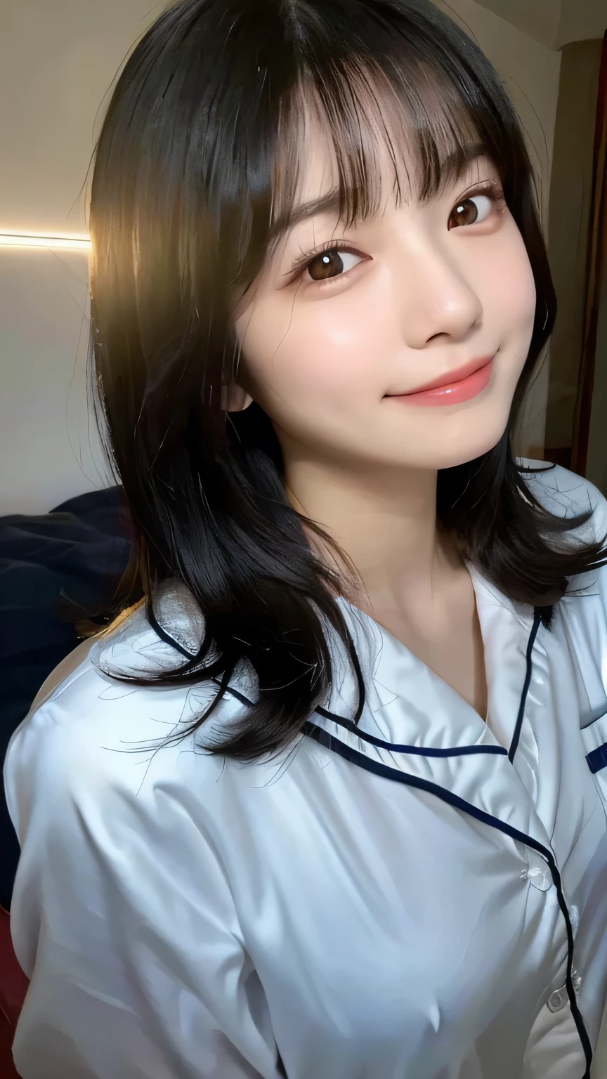 (Highest quality,masterpiece:1.3,Ultra-high resolution),(Very detailed,Caustics,16K),(Realistic:1.4,RAW shooting),Ultra-Realistic Capture,Human skin close-up,Natural skin texture,The pores are detailed enough to be easily identified,Healthy Skin and Even Tone,Use natural light and color,18-year-old,Japanese,cute,Long black hair,I'm looking at the camera with a smile on my face,Big Breasts,Waist up shot,(Face Focus:1.2),(Face close-up:1.2),(Low position:1.3),(Low Angle:1.3),(Night bets),Lens flare,On the bed、In pajamas、Wearing pajamas
