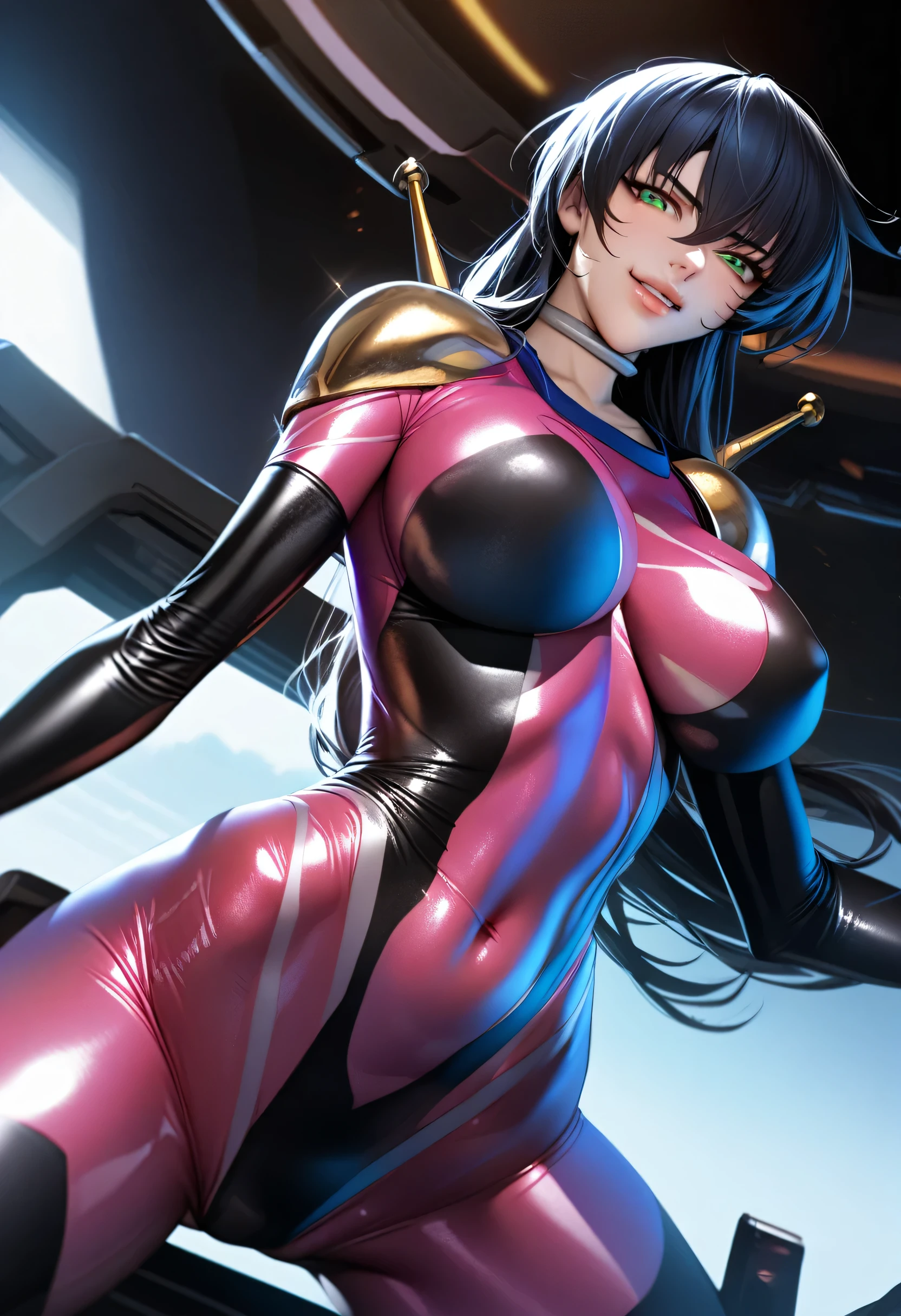 Igawa_Asagi, 1girl, long hair, hair between eyes, black hair, blue hair, green eyes,,perfect hands, perfect finger,perfect anatomy, masterpiece, best quality,realistic, hyperrealistic, 16k hdr,1girl, large breasts,erected nipples,mobile trace suit, shoulder armor,purple bodysuit,sexy pose, upper body, cockpit,from below,red blush,smile,spread legs,