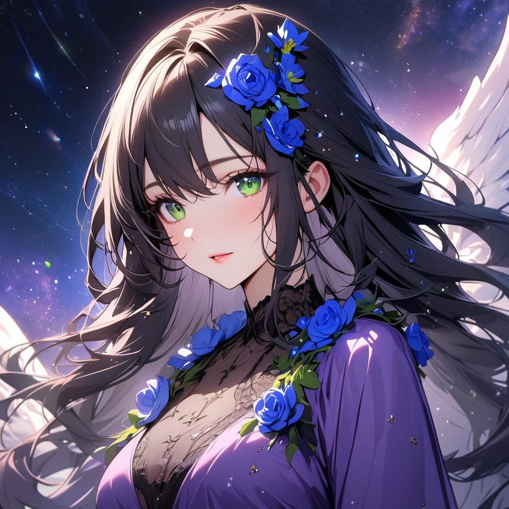 girl, beautifull, pretty, long hair, mature woman, beautiful purple dress, black hair, green eyes, super detail, blue flower on hair, gorgeous, universe backround, angel, beautiful eye, flowers, small eyes