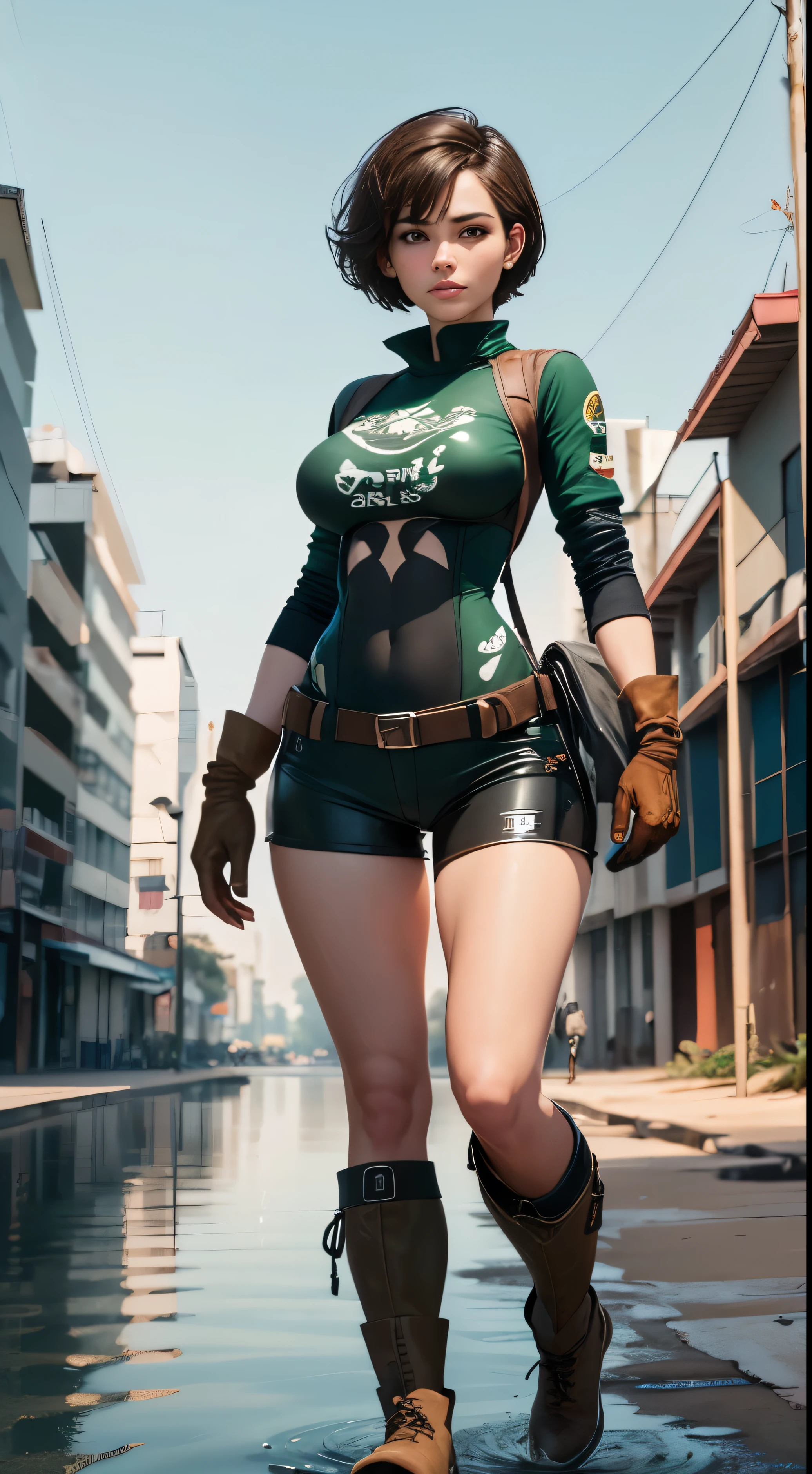 3dmm style, (((full body))), 128K Ultra High Definition, 128K ultra high quality, 128K ultra-high resolution, 128K definition, 128K quality, 128K resolution, Better definition, Better quality, better resolution, Hyper detailed, Hyperdefinition, HyperQuality, Hyper resolution, perfectly detailed, Perfectly Designed, Work of art, body shot, facing the camera, (((1 Woman))), (((Pretty Woman))), (((short brown hair))), (((body in good shape))), (((average breasts))), (((31 years old))), (((printed shirt))), (((tied shirt))), (((dark green bodysuit))), (((bodysuit under clothes))), (((single glove))), (((print shorts))), (((knee pads))), (((bare-legged))), (((on feet shod in sturdy work boots))), (((gloves on hands))), (((standing))), walking along the banks of a river polluted with lots of trash in the city of Manaus in the Amazon