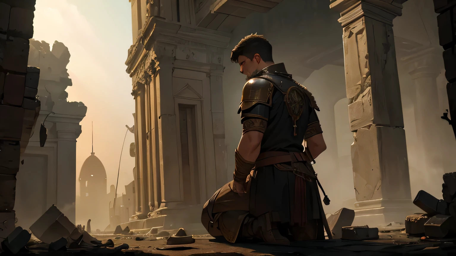 a kneeling roman warrior in an ancient destroyed and dark city of 1st century ad, a large cross in the background, dramatic lighting, intricate details, cinematic composition, highly realistic, photorealistic, extremely detailed, 8k, best quality, chiaroscuro lighting, gritty, moody, dramatic, medieval, historical, fantasy, dramatic shadows, dramatic lighting, moody atmosphere, atmospheric, epic