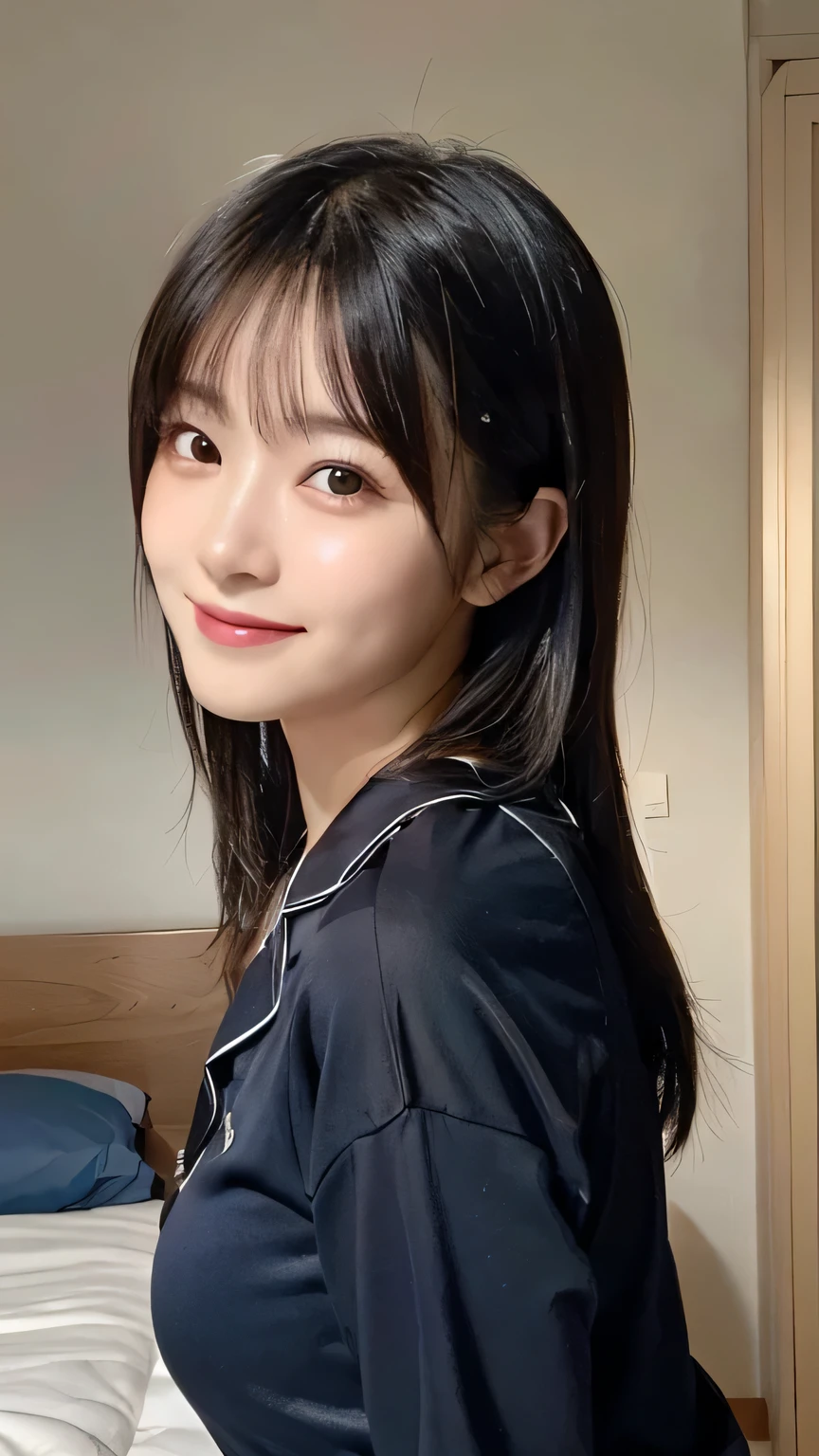 (Highest quality,masterpiece:1.3,Ultra-high resolution),(Very detailed,Caustics,16K),(Realistic:1.4,RAW shooting),Ultra-Realistic Capture,Human skin close-up,Natural skin texture,The pores are detailed enough to be easily identified,Healthy Skin and Even Tone,Use natural light and color,18-year-old,Japanese,cute,Long black hair,I'm looking at the camera with a smile on my face,Big Breasts,Waist up shot,(Face Focus:1.2),(Face close-up:1.2),(Low position:1.3),(Low Angle:1.3),(Night bets),Lens flare,On the bed、In pajamas、Wearing pajamas