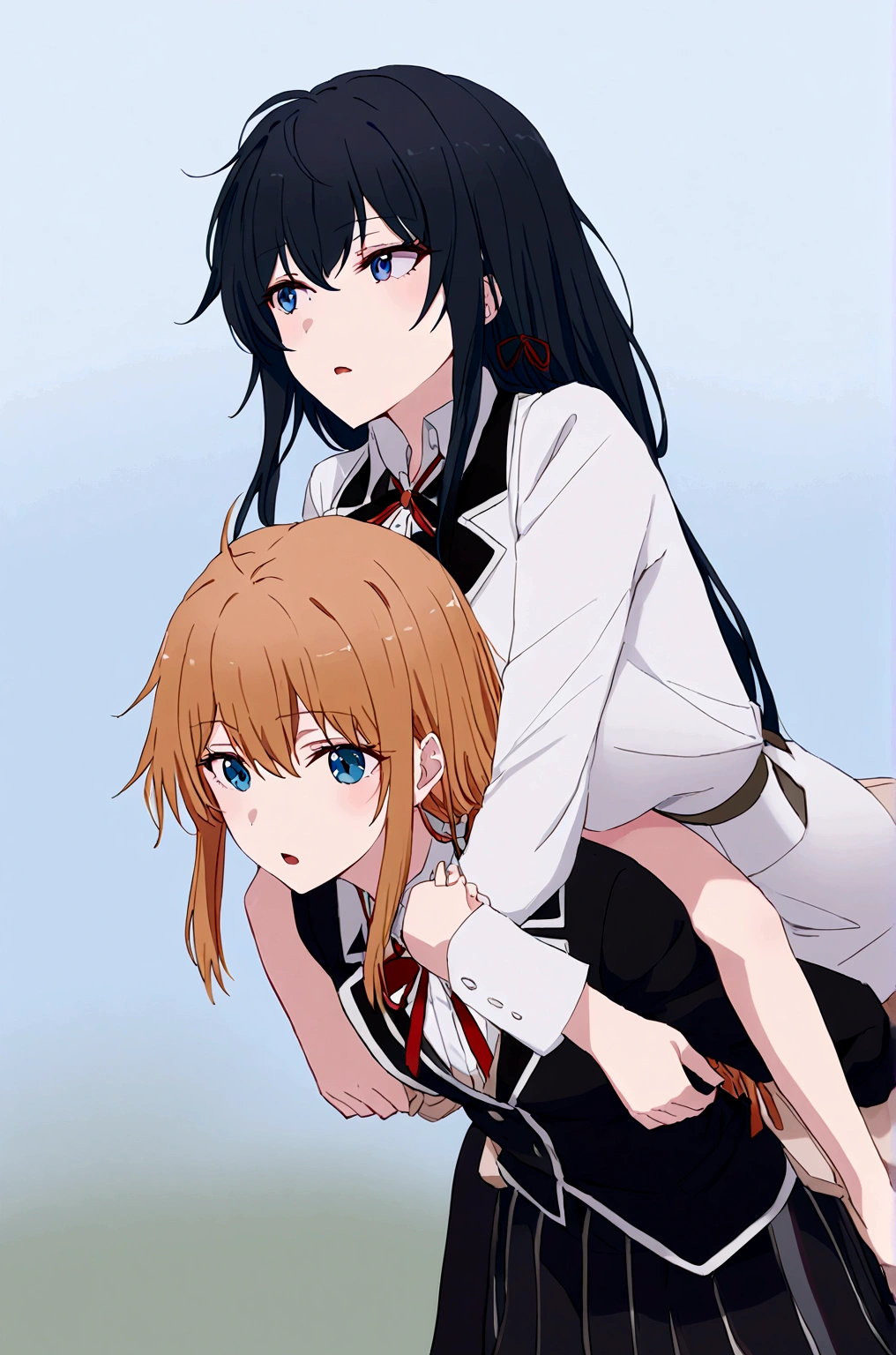 2 grils mother Yuigahama  giving yukino yukinoshita piggyback ride, Blue eyes black long hair piggyback ride, 