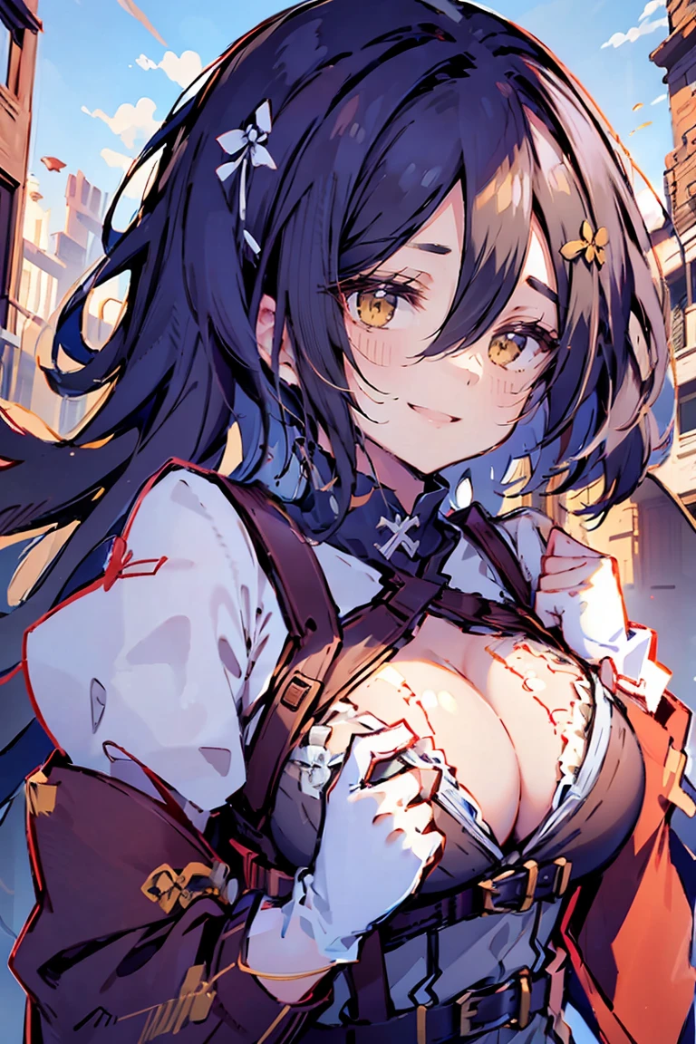 (masterpiece:1.2), (high quality:1.2), (hui xiyi:0.75), rekkyo sensen, rekkyou sensen, girls with((black hair, ( clea5), (waving is hands:1.2), (breasts clos15), (suspenders:1.2), (dress:0.65), (blue clothes:1.05), (belts:0.7), (frills shirt:1.2), (white knit sweater:1.2), camisole, exposed breasts, straps, (c05), upper body, (white gloves:1.2), (long wavy hair:1.2), (one side up:1.2), nun, long sleeves, (both hands:1.15), (perfect hands:1.05), (five fingers:1.05))), background with((fantasy world, ruin, castle, beautiful sky, shining sky, sunshine))