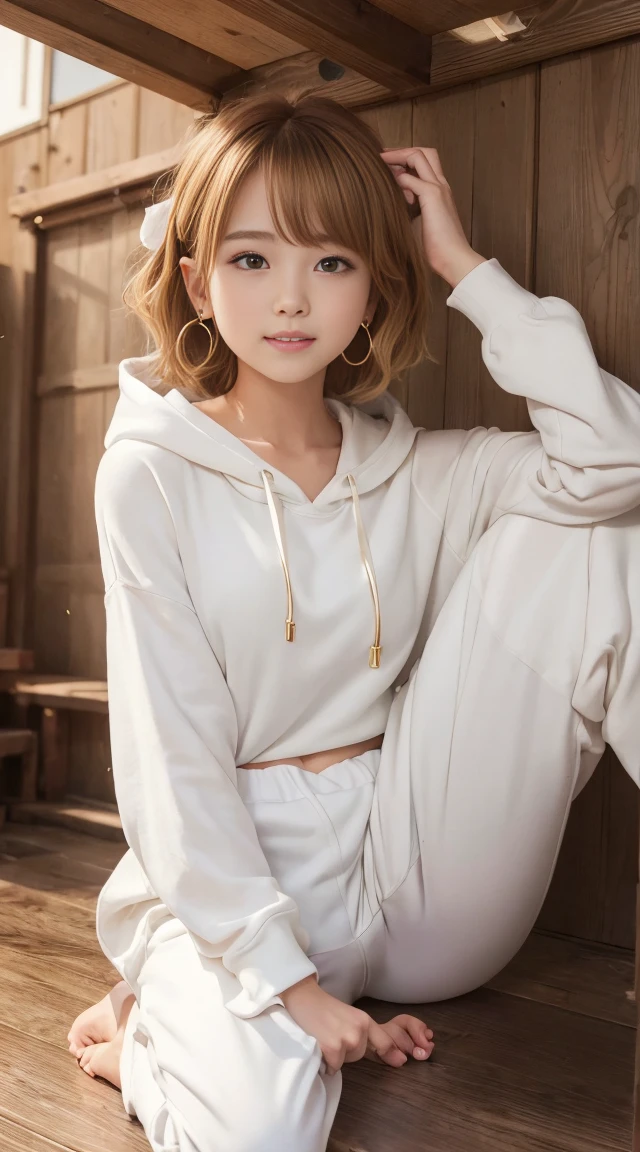flying debris、Highest quality、An illustration、Highest quality、got it、High resolution、8k wallpaper、Perfect dynamic composition、(((Ezvian Everywhere)))、((From below))、Beautiful and cute 20 year old girl、Beautiful face in every detail、Delicate and cute eyes、Fine skin、Red cheeks.、shy、(Semi-short hair:1.3)、(wavy blonde hair)、Small breasts、Bold sexy pose、smile、Small breasts、Between the legs、Small Ass、Thin butt、Generated on the eaves.、Narrow shoulders、wavy blonde hair、blonde、Heart-shaped earrings、smile、、Gold bracelet、Tie your hair back、White hoodie、Deeply hooded、Loose fitting white harem pants、Combat Boots