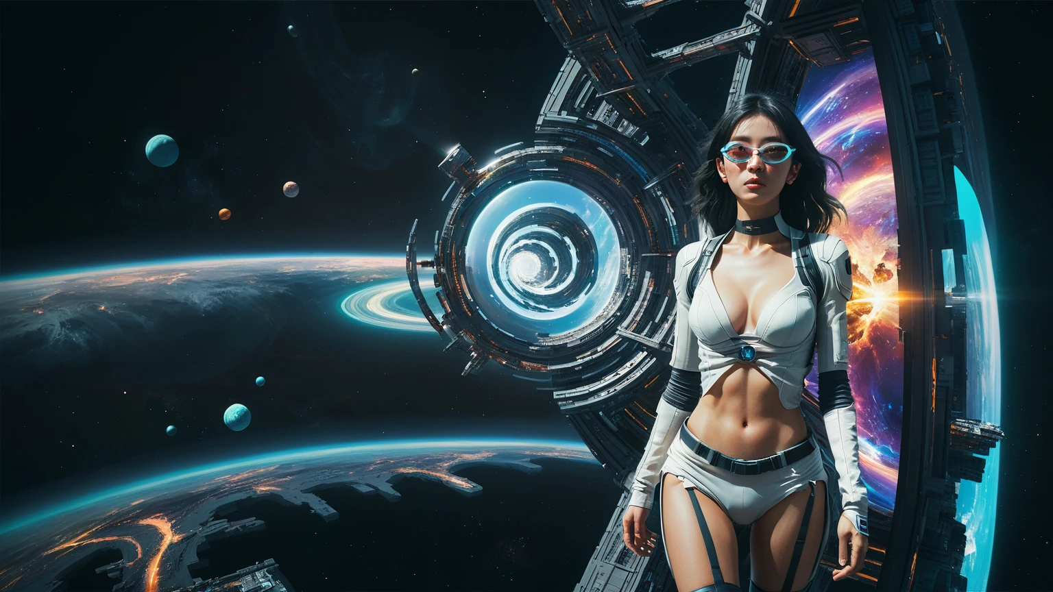 brightly colored abstract image of a space station with a spiral, epic beautiful space scifi, chaotic cinematic space rift, greg beeple, planets colliding, beeple and tim hildebrandt, beeple and jean giraud, end of the universe, galaxy space sci-fi, ringworld, by Mike "Beeple" Winkelmann. Matrix style, (((((Matrix cascading code))))), (((((a futuristic twin tower skyscraper with a unique twisted design))))), (((((OLED GUI interfaces in the building))))), at night, (((((1girl, solo))))), photo realistic, (((large-breast:1.2 slim body, cleavage))), (((off broken mini sling-shirt and black sling bra, extreamly short pleated miniskirt exposing panty))), (((((running pose))))), (((((((matrix style black micro sunglasses))))))), ((((((((((aiming with a short gun)))))))))), (((((looking at camera))))), (((very low view))), (((((half-body thigh level medium shot))))), (((cinematic lighting))).