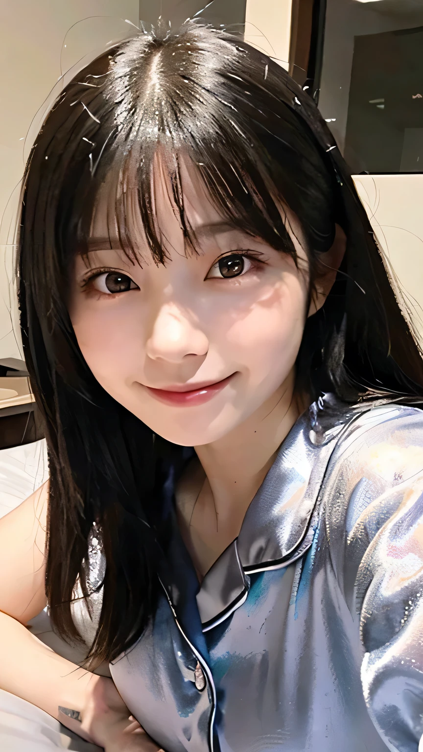(Highest quality,masterpiece:1.3,Ultra-high resolution),(Very detailed,Caustics,16K),(Realistic:1.4,RAW shooting),Ultra-Realistic Capture,Human skin close-up,Natural skin texture,The pores are detailed enough to be easily identified,Healthy Skin and Even Tone,Use natural light and color,18-year-old,Japanese,cute,Long black hair,I'm looking at the camera with a smile on my face,Big Breasts,Waist up shot,(Face Focus:1.2),(Face close-up:1.2),(Low position:1.3),(Low Angle:1.3),(Night bets),Lens flare,On the bed、In pajamas、Wearing pajamas