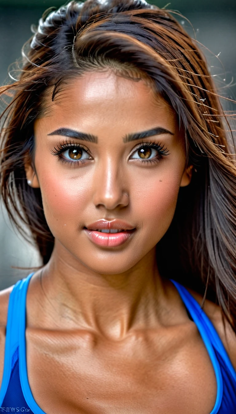 Navjot has a slender yet athletic build, with a toned physique that showcases her dedication to fitness. Her skin has a radiant, alabaster complexion with a subtle golden glow. She stands tall with confidence, her long legs and toned arms evident of her impressive cricketing skills. Her hair is a rich, dark brown color that cascades down her back in luscious, silky locks that fall just below her waist. Her face is a heart-shaped masterpiece, with high cheekbones, a small nose, and plump lips that curve upwards in a perpetual, warm smile. Her eyes are an unforgettable deep brown, fringed with thick lashes that add to their allure. Her features are delicate yet strong, a perfect blend of beauty and athleticism. (portrait, face focus, beautiful face, cute face, detailed face, perfect face )