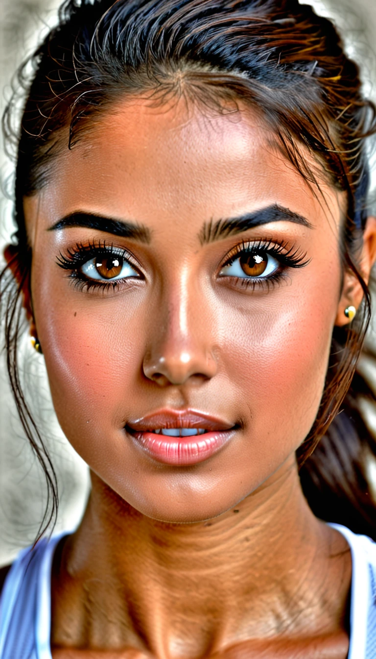 Navjot has a slender yet athletic build, with a toned physique that showcases her dedication to fitness. Her skin has a radiant, alabaster complexion with a subtle golden glow. She stands tall with confidence, her long legs and toned arms evident of her impressive cricketing skills. Her hair is a rich, dark brown color that cascades down her back in luscious, silky locks that fall just below her waist. Her face is a heart-shaped masterpiece, with high cheekbones, a small nose, and plump lips that curve upwards in a perpetual, warm smile. Her eyes are an unforgettable deep brown, fringed with thick lashes that add to their allure. Her features are delicate yet strong, a perfect blend of beauty and athleticism. (portrait, face focus, beautiful face, cute face, detailed face, perfect face )