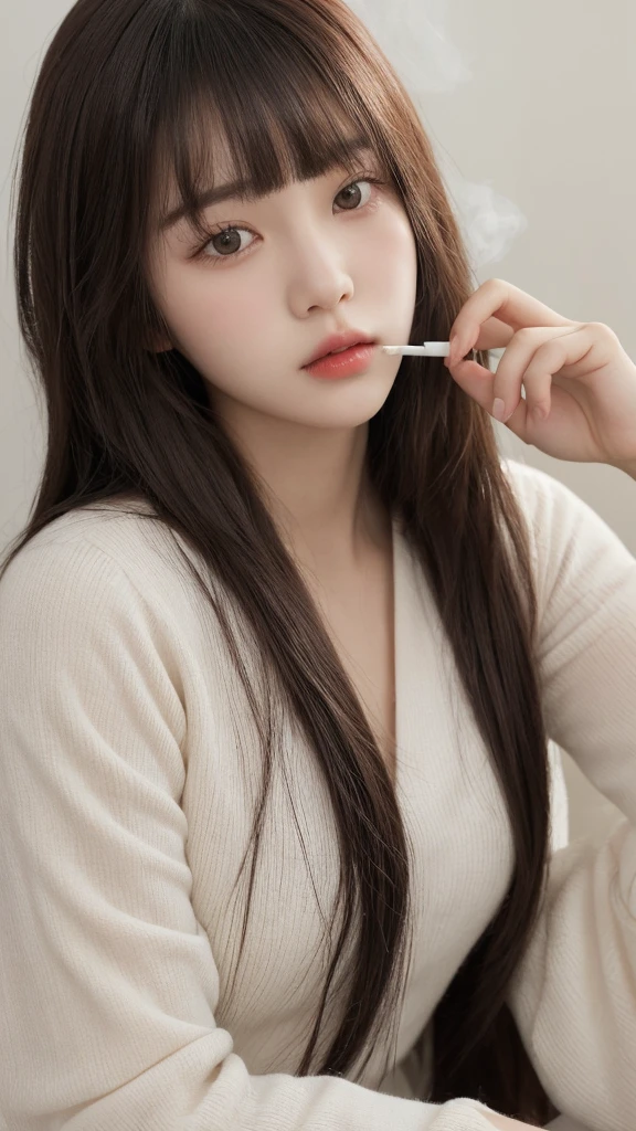 Close-up of a woman with long hair and a cigarette, Ela tem cabelo preto With bangs, Ulzzang, With bangs completa, Larisa Manovar, With bangs, Korean, cabelo arrumado With bangs, 14 years pld pretty Asian girl, cabelo comprido With bangs completa, cabelos longos With bangs, Young and adorable Korean face, Pale, round face, young asian girl