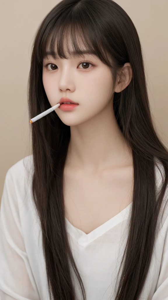 Close-up of a woman with long hair and a cigarette, Ela tem cabelo preto With bangs, Ulzzang, With bangs completa, Larisa Manovar, With bangs, Korean, cabelo arrumado With bangs, 14 years pld pretty Asian girl, cabelo comprido With bangs completa, cabelos longos With bangs, Young and adorable Korean face, Pale, round face, young asian girl