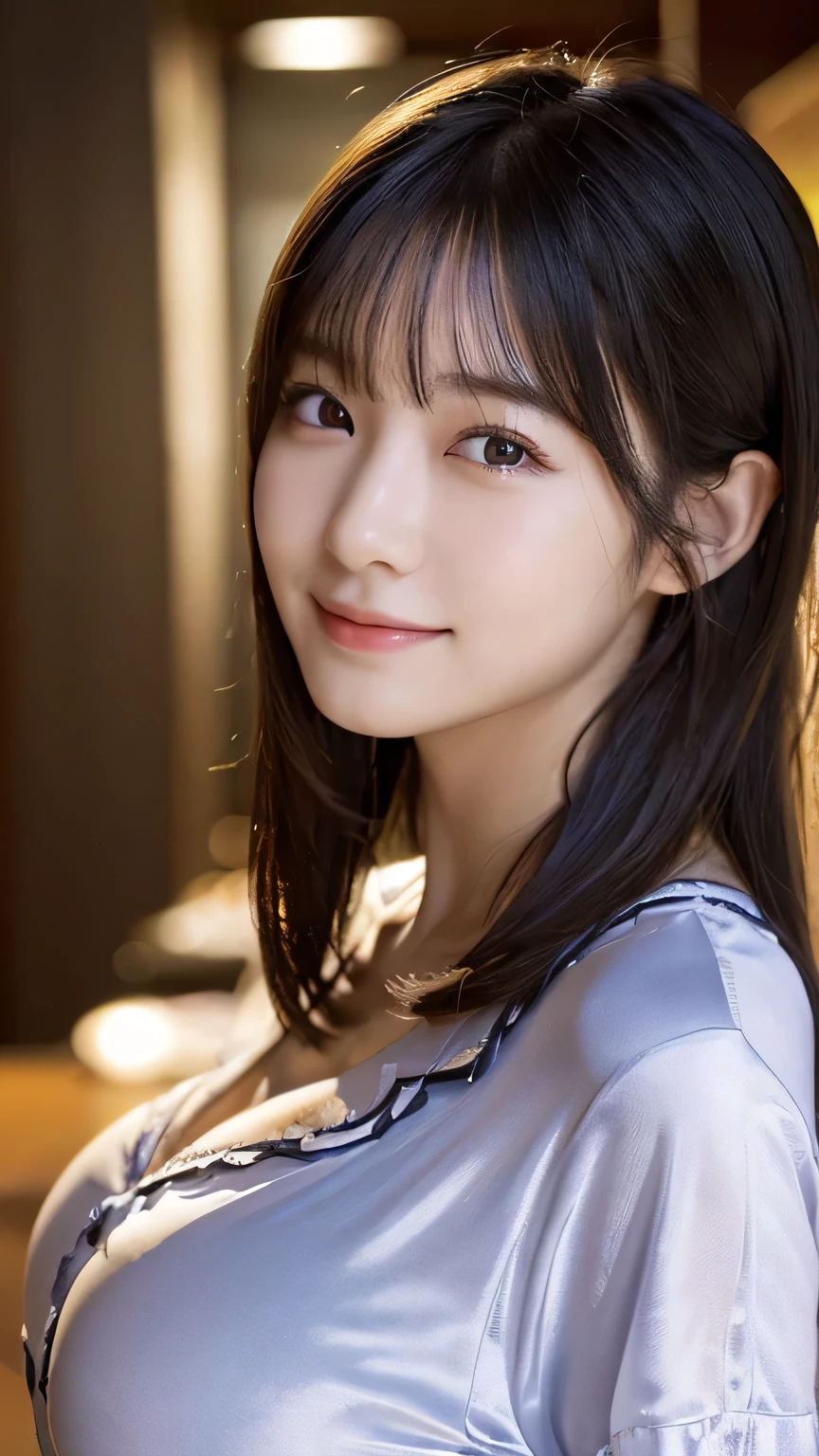 (Highest quality,masterpiece:1.3,Ultra-high resolution),(Very detailed,Caustics,16K),(Realistic:1.4,RAW shooting),Ultra-Realistic Capture,Human skin close-up,Natural skin texture,The pores are detailed enough to be easily identified,Healthy Skin and Even Tone,Use natural light and color,18-year-old,Japanese,cute,Long black hair,I'm looking at the camera with a smile on my face,Big Breasts,Waist up shot,(Face Focus:1.2),(Face close-up:1.2),(Low position:1.3),(Low Angle:1.3),(Night bets),Lens flare,On the bed、In pajamas、Wearing pajamas