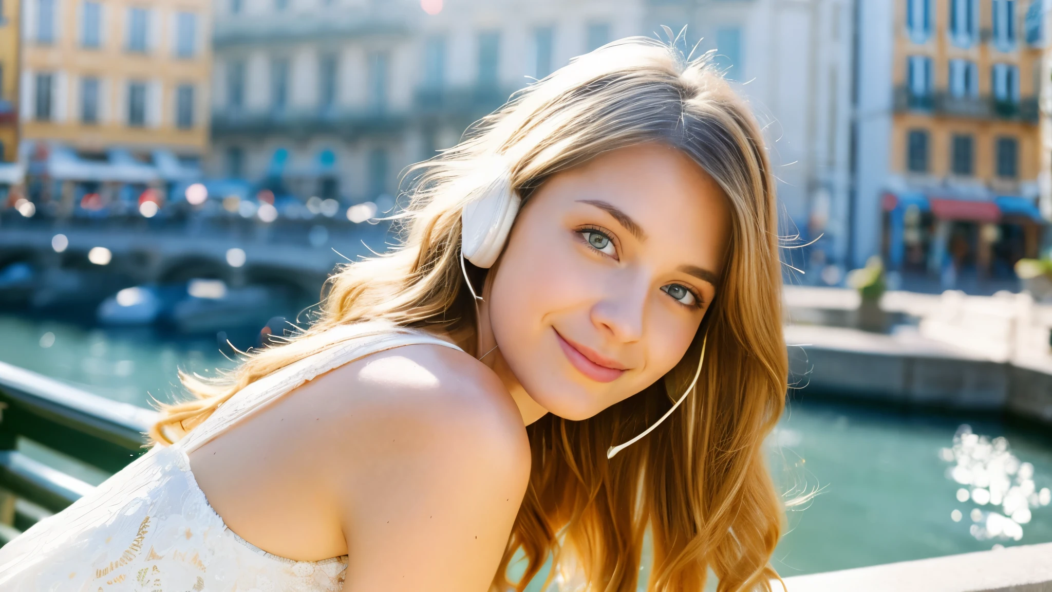 Beautiful blonde with big breasts in a white dress (Beautiful European city in the morning sun),Wearing headphones,Very detailed, 21 years old, Innocent face, Naturally Wavy Hair, blue eyes, High resolution, masterpiece, Highest quality, Intricate details, Very detailed, Clear focus, Delicate skin, practical skin texture, texture, Delicate eyes, Professional, 4K, Cute Smile, Shot with Canon, 85mm, Shallow and deep, Kodak Vision Color, Exactly, Very detailed, photograph_\(Extremist\), photographpractical, practical, Post-processing, Maximum details, Roughness, Real Life, Extremist practical, Photorealism, photographgraphy, 8K Ultra HD, photographgraphy