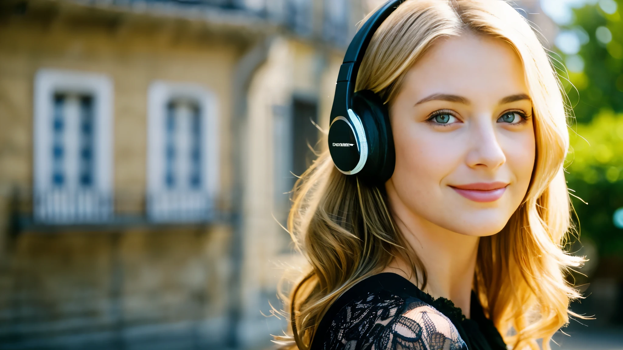 Beautiful blonde with big breasts in a black dress (Beautiful morning sun in a French town),Wearing headphones,Very detailed, 21 years old, Innocent face, Naturally Wavy Hair, blue eyes, High resolution, masterpiece, Highest quality, Intricate details, Very detailed, Clear focus, Delicate skin, practical skin texture, texture, Delicate eyes, Professional, 4K, Cute Smile, Shot with Canon, 85mm, Shallow and deep, Kodak Vision Color, Exactly, Very detailed, photograph_\(Extremist\), photographpractical, practical, Post-processing, Maximum details, Roughness, Real Life, Extremist practical, Photorealism, photographgraphy, 8K Ultra HD, photographgraphy