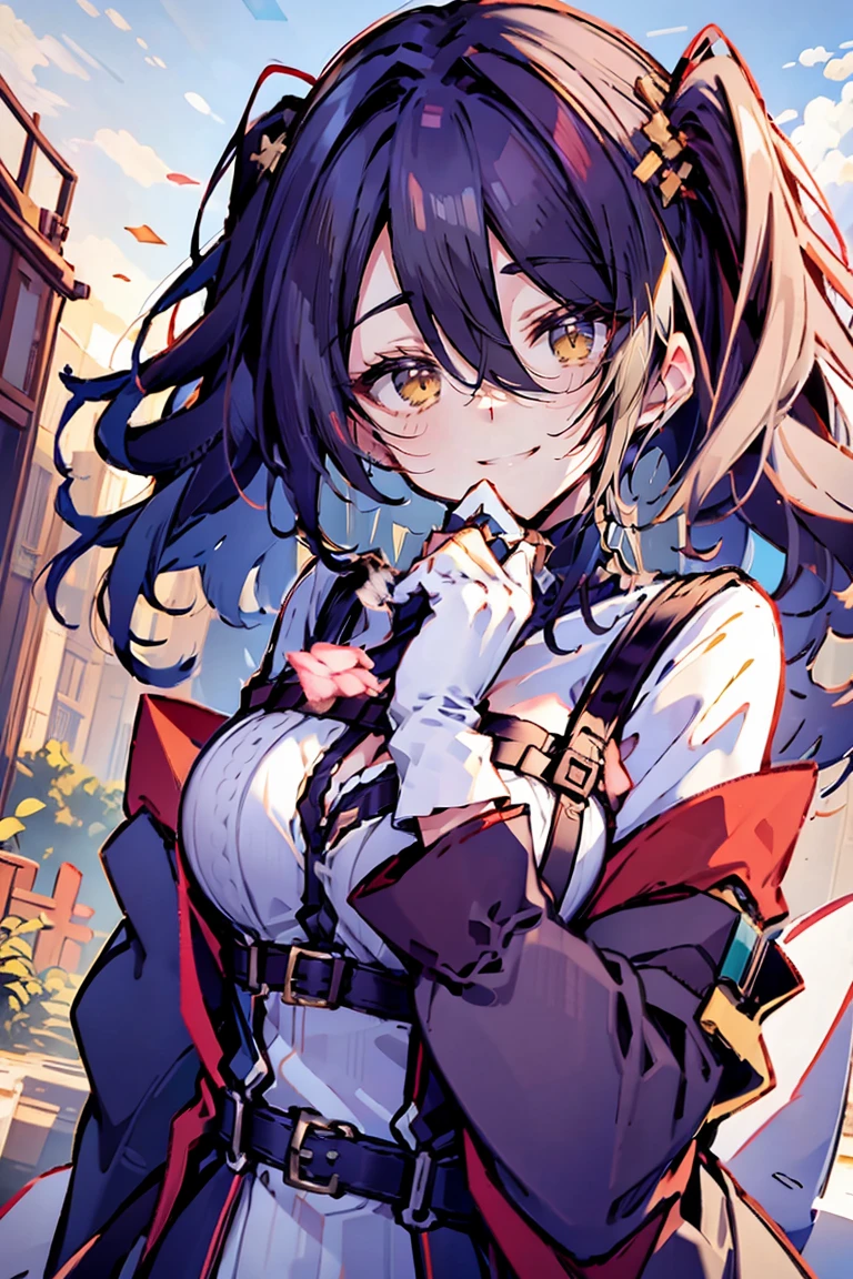 (masterpiece:1.2), (high quality:1.2), (hui xiyi:0.75), rekkyo sensen, rekkyou sensen, girls with((black hair, (tits cleavage:1.15), (waving is hands:1.2), (breasts close up:1.15), (suspenders:1.2), (dress:0.65), (blue clothes:1.05), (belts:0.7), (frills shirt:1.2), (white knit sweater:1.2), camisole, exposed breasts, straps, (cross:1.05), upper body, (both white gloves:1.2), (white gloves:1.2), (long wavy hair:1.2), (one side up:1.2), nun, long sleeves, (both hands:1.15), (perfect hands:1.05), (five fingers:1.05))), background with((fantasy world, ruin, castle, beautiful sky, shining sky, sunshine))