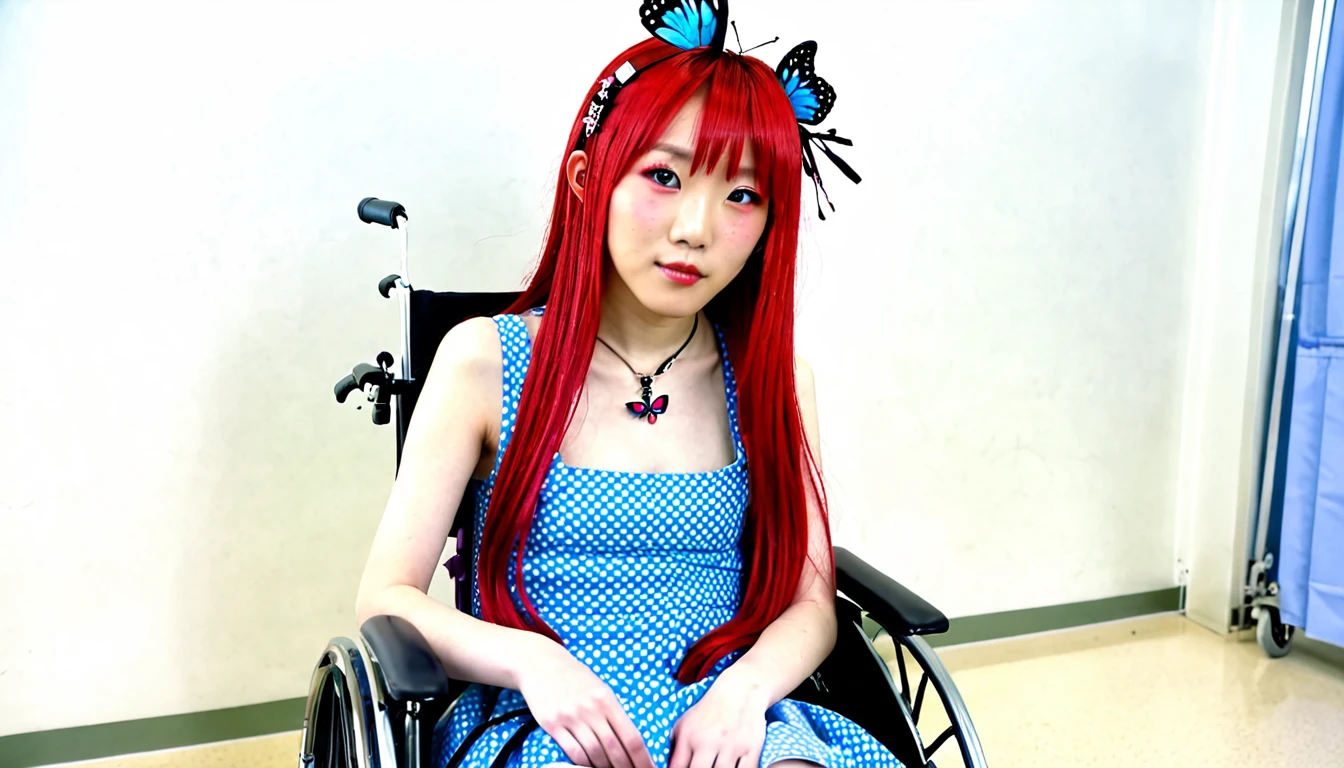 Uhd, (photo of Cami, subject: Noriko, 1/2 Japanese 1/2 Hainu skinny girl with long red hair in a 2/00 large wheelchair, blue+++ eyes, oval face, LGBTQIA+, queer, punk style, dressed in colors, buttefly hairclip, tattooes. She is in the hospital) + (A doctor extracts her blood using the noodle)
