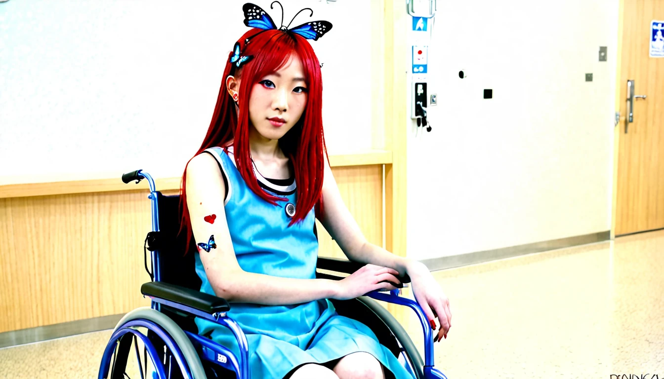 Uhd, (photo of Cami, subject: Noriko, 1/2 Japanese 1/2 Hainu skinny girl with long red hair in a 2/00 large wheelchair, blue+++ eyes, oval face, LGBTQIA+, queer, punk style, dressed in colors, buttefly hairclip, tattooes. She is in the hospital) + (A doctor extracts her blood using the noodle)