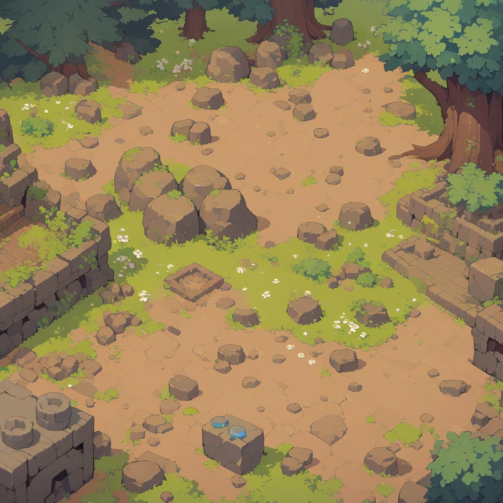 retro video game style,pixelated graphics,vibrant colors,8-bit characters,blocky shapes,sharp lines,detailed shading,classic gaming vibe,nostalgic atmosphere,classic arcade games,masterpiece:1.2,ultra-detailed,illustration style, 2d texture, clay texture, stone texture, 4 k seamless mud texture, video game texture, dirt texture, tileset, game tiles, clay material, flat texture, grass, trees, rock texture, rocky ground, forest, topdown view, game texture, game art, ground very detailed, dirt, floor texture, tileable texture, flowers, bushes, shrubs, intricate ground stone, top down view, 3/4th perspective