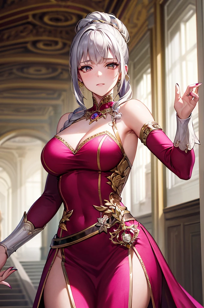 woman, Severe, Warrior, armor, elegant, Pink Dress, Aristocratic, silver element, Long nails, Bare shoulders, Hairstyle, Put your hair up, Braids and ponytails, Messy, arrogant, Absurd, Detailed dress, Royalty, celebration, Hall decorated with flowers, Cowboy Shot, Portraiture, (Highest quality), (masterpiece), (Very detailed), (4K)