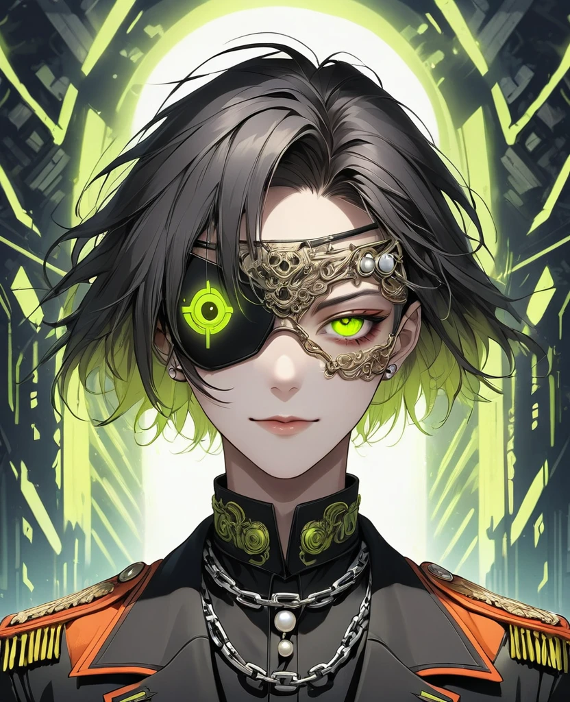 (Digital Illustration,Detailed anime style,Heavy Metal Cyberpunk,Pearl tassel eye mask,Portrait of boy wearing mask eye patch,Solitary,symmetry),(Big colorful eyes,Fashionable and exquisite facial features,Exquisite makeup,Smooth skin,Smile,Soulful gaze,),(Black suit,Epaulettes-Chain,cool,),(((Correct human anatomy))),,out a hand:1.37.Radioactive geometric dynamic light wave background