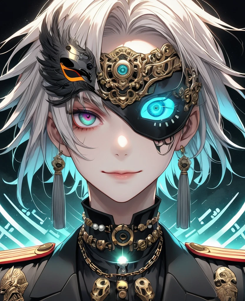 (Digital Illustration，Detailed anime style，Heavy Metal Cyberpunk，Pearl tassel eye mask，Portrait of boy wearing mask eye patch，Solitary，symmetry)，(Big colorful eyes，Fashionable and exquisite facial features，Exquisite makeup，Smooth skin，Smile，Soulful gaze，)，(Black suit，Epaulettes-Chain，cool，)，(((Correct human anatomy)))，，out a hand：1.37.Radioactive geometric dynamic light wave background