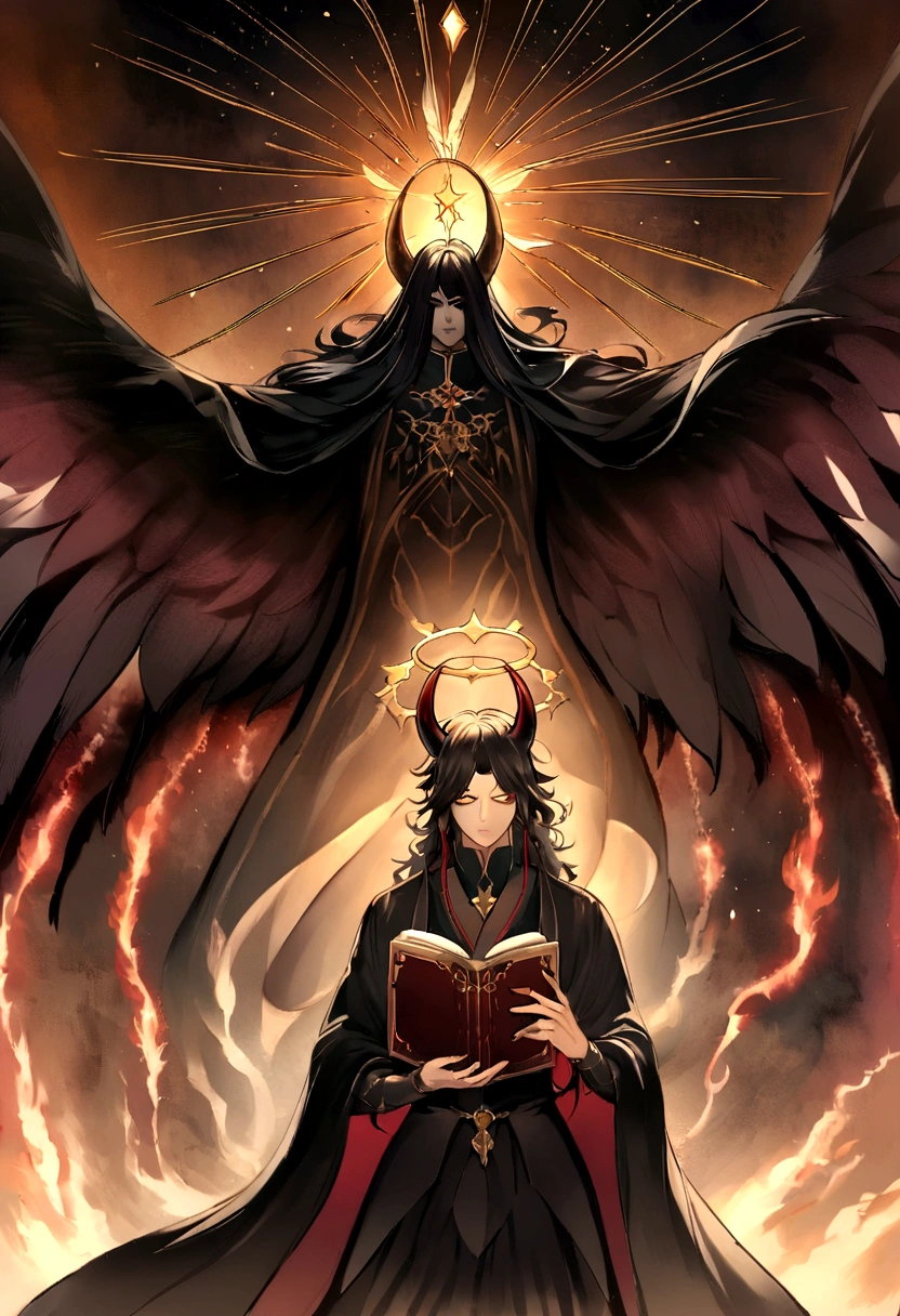 Create a detailed illustration of a male male magician celestial demon. This entity must have two large black wings that combine bright plumes with a dark and threatening appearance.. The figure should have horns on its head and a shiny golden halo behind it., symbolizing his celestial and demonic duality. Vista-o com vestes escuras e majestosas, com detalhes dourados. He must hold an ancient and magical book open, que emite uma luz dourada, sugerindo seu papel como mago. The facial expression should be serene and intimidating, com olhos laranjas brilhantes que transmitem sabedoria e poder. O fundo deve ser escuro e nebuloso, creating a mystical and supernatural atmosphere. Art must have an epic and mystical style, com uma atmosfera de beleza perturbadora e poder arcano, ele deve estar sentado em uma cadeira de rodas.